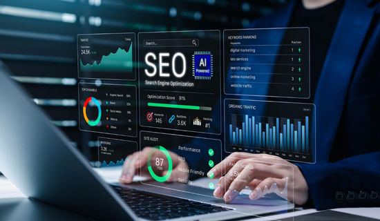 Website SEO analytics dashboard displaying organic clicks, impressions, and search performance.