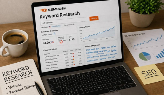 Website SEO analytics dashboard displaying organic clicks, impressions, and search performance.