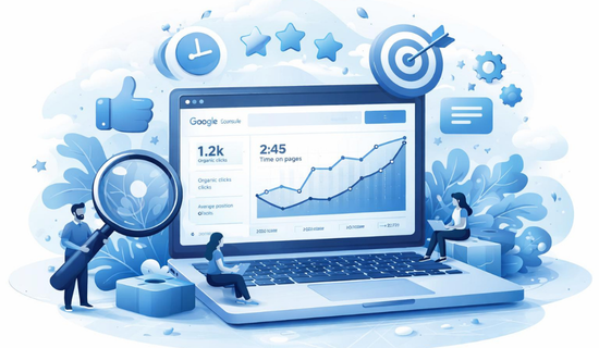 Website SEO analytics dashboard displaying organic clicks, impressions, and search performance.