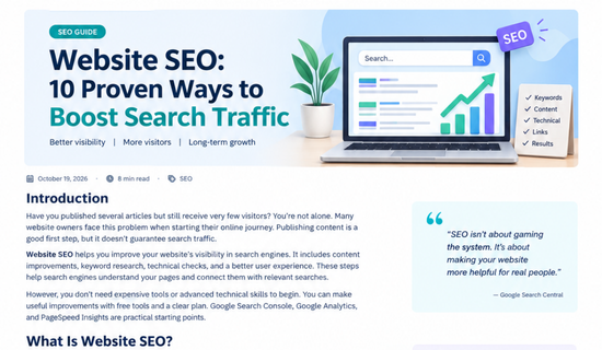 Website SEO analytics dashboard displaying organic clicks, impressions, and search performance.